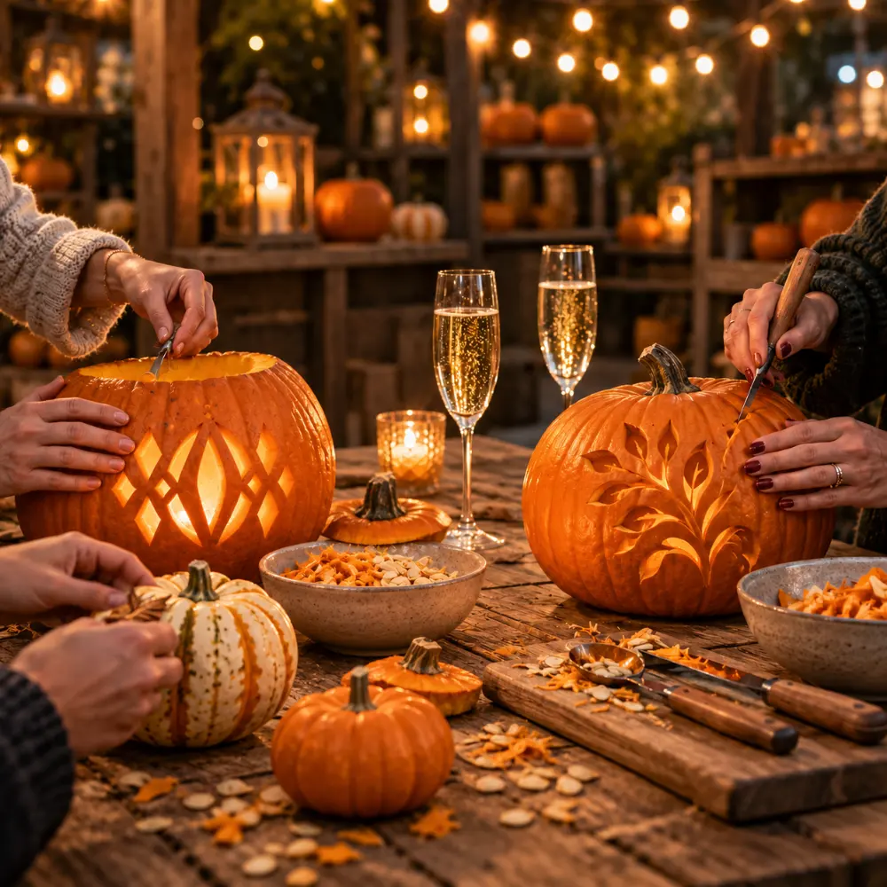 Adults carving illuminated pumpkins around a rustic table with glasses of prosecco.